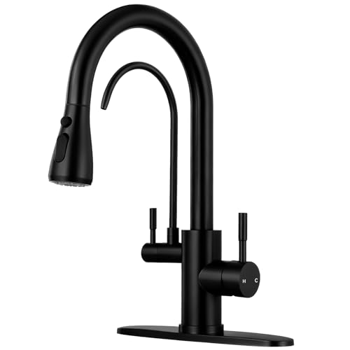 Image of Kitchen Faucets with Water Filter - Matte Black 2 in 1 2-Handle Kitchen Faucet with Pull Down Sprayer, High Arc Stainless Steel Pull Out Kitchen Sink Faucet with Deck for 1 or 3 Hole