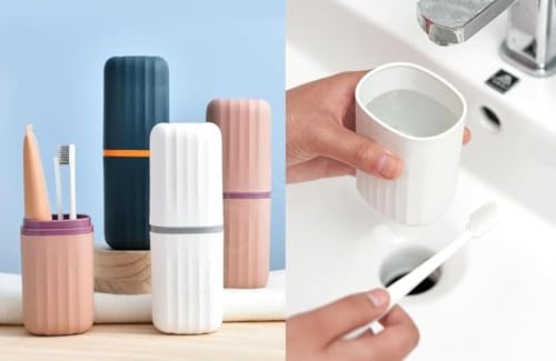 Image of QONETIC Travel Tooth Brush Holder For Bathroom Square Toothbrush Holder For Travel, Portable Toothbrush Case & Tooth Brush Cover Box Organizer For Traveling, Camping, & Business Trips (Blue + Peach)