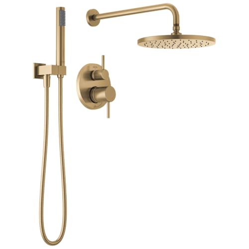 Delta Modern 14 Series Round Rain Shower System Faucet Set, Rainfall Brushed Gold Shower Head and Handle Set, Valve Trim Kit, 10 Inch, Champagne Bronze T342702-CZ (Valve Not Included)