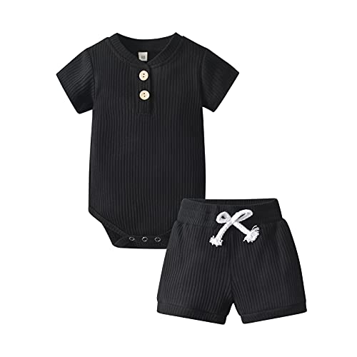 Image of Derouetkia Summer Newborn Baby Boy Girl Clothes Solid Color Ribbed Romper and Shorts Outfits Set