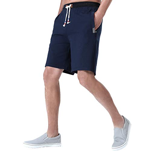 FoxQ Short masculino com bolsos com zíper, solto, casual, esportivo, cintura elástica, cordão, Azul