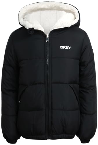 Image of DKNY Girls' Reversible Puffer Jacket - Quilted Bubble to Sherpa Hooded Winter Coat - Warm Outerwear Jackets for Girls (7-16)
