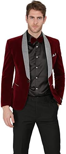 MAGE MALE Men's 2-Piece Suit Velvet Blazer Party Tuxedo Slim Fit One Button Stylish Dinner Jacket & Pants & Bow Tie (025-Red, Large)