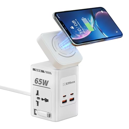 Image of Embox 7-in-1 Gan Charger 65W Fast Charger | Type C USB 2 AC Sockets (2500W) Wireless Fast Charging | Multi-Port Desktop Charger for Laptop, iPhone, Android, Portable Charging Station, White