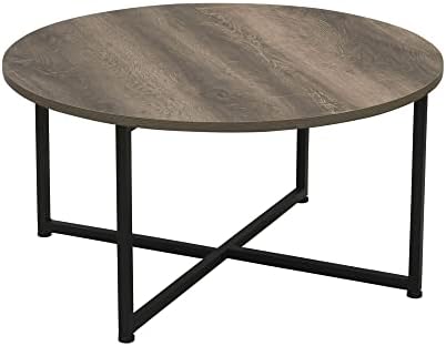 Household Essentials Grey Top Black Frame Ashwood Round Coffee Table, 31.5 x 31.5