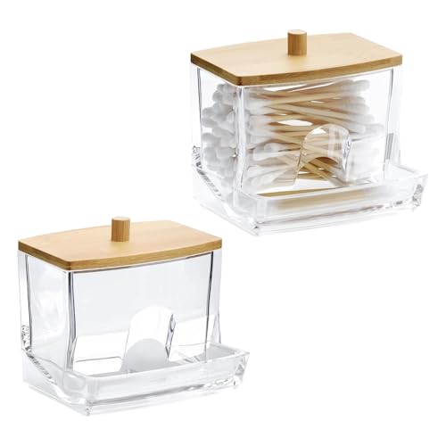 HRMGJH Zweiteiliges Set Aus Transparentem Acryl WattestäBchen Spender Mit Bambusdeckel WattestäBchen BehäLter,OhrenstäBchen Aufbewahrung,OhrstäBchen BehäLter,Geeignet FüR Schminktische Und Badezimmer