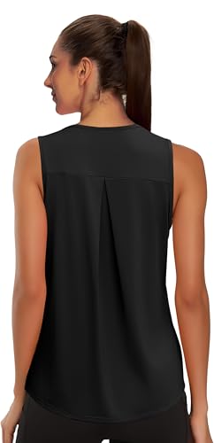 WIHOLL Workout Tops for Women Loose Fit Sleeveless Summer Tops Beach Crew Neck Athletic Running Shirts Gym Clothes Black M