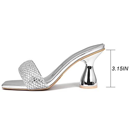 Image of Women's Square Open Toe Kitten Heel Mules, Rhinestone Sandals | Metallic PU Slides & 3.15 IN Block Square Heels: Non-Slip Rubber Outsole, Easily for Wedding, Party or Work.
