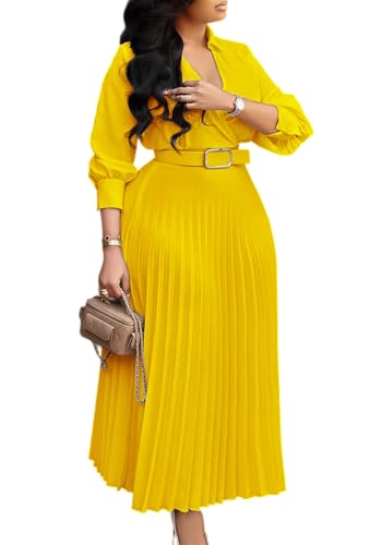 Image of Famnbro Womens Pleated Dress V Neck Long Sleeve A line Church Formal Works Business Dresses with Belt