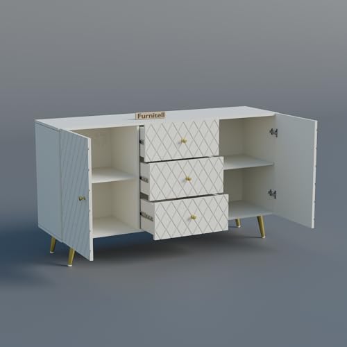 Image of Wooden Sideboard Cabinet for Living Room & Bedroom | Geometric Design Side Board Crockery Cabinet with 2 Doors & 3 Drawers Storage for Home & Entryway| HDMR Premium Wood | Golden Metal Legs (White)