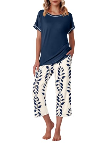 Image of Ekouaer Womens Capri Pajama Sets Print Short Sleeve Sleepwear Top and Pants