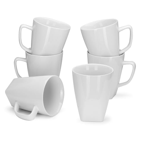 Miicol 14-SQUARE Porcelain Coffee Mugs Set Of 6, Large Coffee Cups 14 Oz, White Tea Cups, Ceramic Mugs For Latte, Cappuccino, Milk, Cocoa, Square Bottom cover