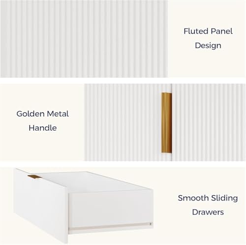 Image of Fluted Tall Cabinet, Kitchen Pantry Cabinet with Adjustable Shelves, Wood Cupboard with 3 Drawers 2 Doors, Mid Century Modern Cabinet for Living Room Dining Room Entryway Office, White
