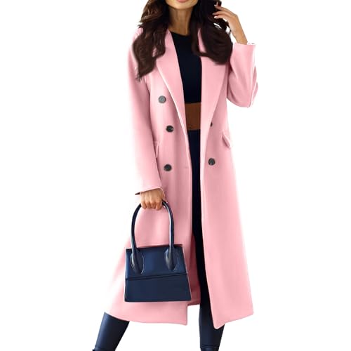 Image of Pea Coats For Women Classic Notch Lapel Double Breasted Trench Coat Warm Open Front Long Sleeve Overcoat Wool Blend Long Jacket Outerwear Chic Winter Coats With Pockets(A-Pink,M)