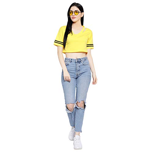 Image of LE BOURGEOIS Women Solid Loose Fit Desiger V-Neck Short Sleeve Dance Party Casul Crop Top