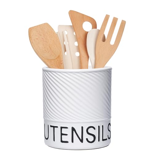 Karisky Utensil Holder for Kitchen Counter, 6.5 Large Ceramic Utensil Crock with Cork Mat, Modern Cooking Tool Spatula Organizer for Countertop Decor, Matte White