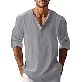 Hemden Herren Langarm Einfarbig Baumwolle Leinen Hemd Vintage Button Down Henley Shirts Regular Fit Businesshemd Casual Leicht Sommerhemd Bequeme Freizeithemd