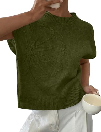 Image of 2026 Womens Floral Sweater Vest Cute Cap Sleeve Tops 3D Flower Decor Knit Tank Top Loose Spring Fall Summer Clothes