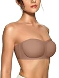 OEAK Womens Strapless Bras Push Up Bandeau Bra Non Slip Wireless Supportive Padded Bras Seamless Comfortable Tube Bra Coffee S