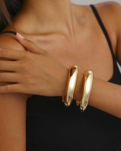 Chunky Gold Bangle Bracelets for Women, Dainty 14k Gold Plated Stackable Bangles Set, Trendy Arm Cuff Bangles Twist Bracelet Stack, Fashion Jewelry Gifts (D-Gold)2