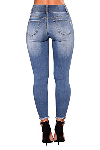 Image of Women's High Waisted Ripped Skinny Jeans Distressed Stretch Butt Lifting Denim Pants Blue Size 8