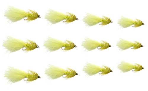 Bead Head Wooly Bugger Many Colors with Flash Fly Fishing Flies for Trout and Other Freshwater Fish - One Dozen Wet Flies - 4 Size Assortment 6, 8, 10, 12 (3 of Each Size), Yellow, 6, 8, 10, 12