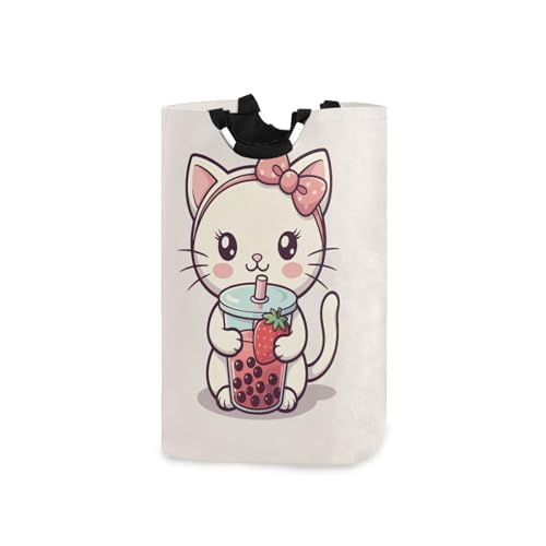 Jihqo Laundry Hamper Basket Bow Cat Drinking Milk Tea Collapsible Nursery Storage Bin Waterproof Clothing Baskets for Home Bedroom Bathroom Washing Room