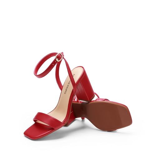 DREAM PAIRS Women's Chunky Heels Square Open Toe Ankle Buckle Strappy Block Heeled Sandals for Party Wedding Daily,Size 7,Red-Pu,DWUMHS2518 - Image 2