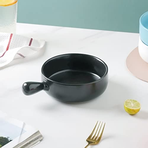 Nestasia Black Round Ceramic Serving Bowl with Handle, Soup Bowl, Salad Bowl, Bowl for Snacks, Microwave Safe, Dishwasher Safe (6.2 inch Diameter, 600ml Capacity)