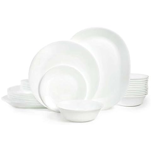 Corelle Vitrelle 38-Piece Service for 12 Dinnerware Set, Triple Layer Glass and Chip Resistant, Lightweight Round Plates and Bowls Set, Winter Frost White Cover