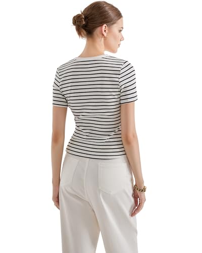 SUUKSESS Women Ribbed Striped Short Sleeve Slim Fit Tops Summer Crew Neck Color Block Going Out T Shirt4