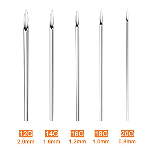 Autdor Ear Nose Piercing Tool 100pcs Mixed 12G 14G 16G 18G and 20G Hollow Tool for Ear Nose Navel Nipple Lip Tongue Piercing Kits