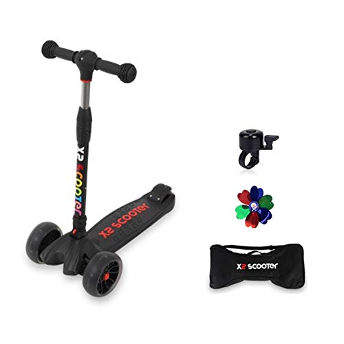 X2 Kids Kick Scooter | 3 Level Height Adjustable One Touch Folding LED Flashing Wide 3 Wheel Platform Multiple Colors for Toddler Boys Girls Children (Black)