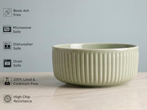 Image of Bodhi House Porcelain Large Serving Deep Bowl Set of 2 for Vegetable, Dal, Fruit, Cereal, Salad, Ramen, Mixing Bowl for Snack, Microwave Safe, Perfect for Dining and Gifting, Tea Green | 750 ml