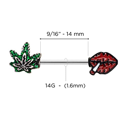 Pierce2Go 14G Nipple Piercing Surgical Stainless-Steel Set Of 2 Barbell Marijuana Weed Leaf And Lips Smoking Cute Nipple Rings Nipple Piercing Jewelry For Women - 9/16" Barbell (Green) #TOP2
