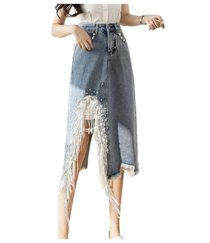 Women's Split Beaded Irregular Denim Skirts Tassel Ripped Casual Jeans Skirt