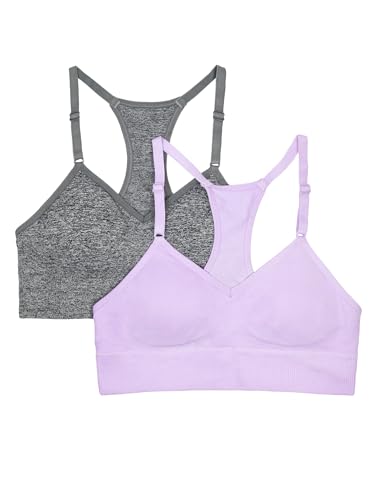 Fruit of the Loom Big Girls Seamless Racerback Sports Bra, Bras for Girls 8-10, 10-12 and Bra for Teen Girls 14+16 2 Pack Stellar Orchid/Charcoal Heather XL