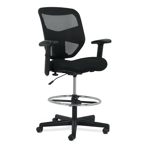 HON Prominent Standing Desk Stool Adjustable Tall Office Chair with Foot Rest, High Back Support, Arms - Standing Desk Chair Ergonomic Office Chair Counter Height Drafting Chair Swivel Rolling Wheels Cover