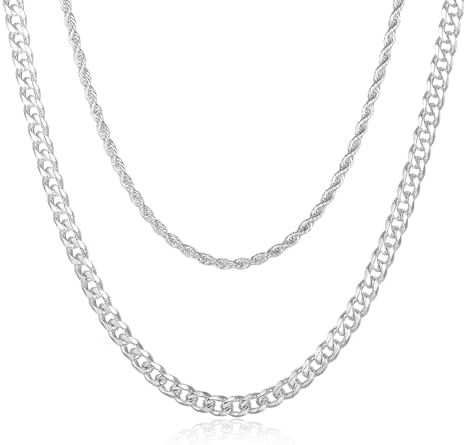 MEALGUET 925 Sterling Silver Plated Chain Necklace for Men Cuban/Figaro/Rope Stainless Steel Chains Necklaces Jewelry Gift Waterproof Non Tarnish 2 Pack Layered Stacking