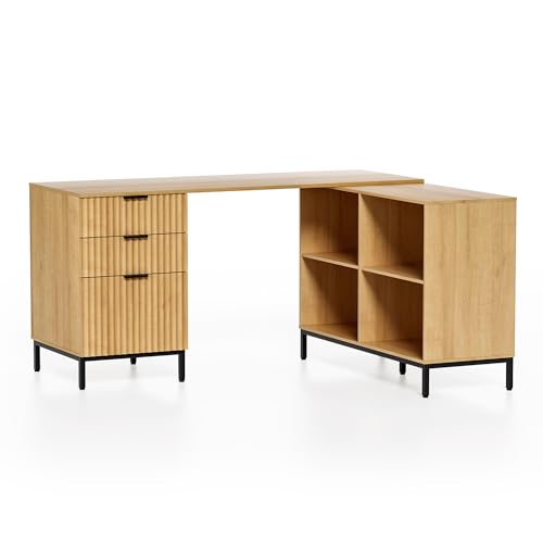 EYYTHUNG Fluted Executive Desk with Storage Cabinet, 60" Modern Flexible Home Office Desk, Large Wood Convertible Computer Standing Up Desk with File Drawer, L Shaped Writing Desk Natural Oak