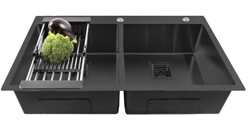 Image of Fossa 45 inchx20 inchx10 inch Double Bowl With Tap Hole Premium Stainless Steel Handmade Kitchen Sink Matte Finish FS-17Black