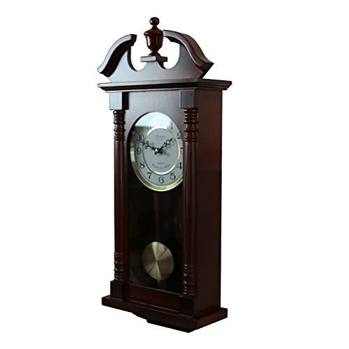 Bedford Clock Collection Classic Chiming Wall Clock With Swinging Pendulum In Cherry Oak Finish, 4.75" L X 11.75" W X 27.50" H #TOP3