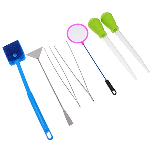 Yardwe Professional Fish Tank Cleaning Tools Set 7 Pieces Including Brush Spatula Tweezers Net for Aquascaping Random Color