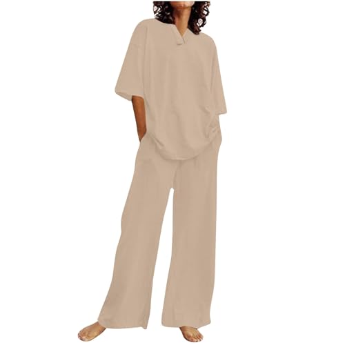 2 Piece Sets for Women Summer Casual Cotton Linen Suit Loose V-Neck Short Sleeve Tops and Pant Outfits with Pockets