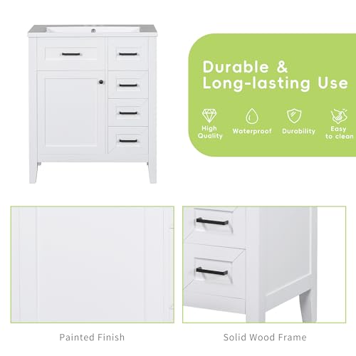 Image of Favfurish 30 inch Bathroom Vanity with Ceramic Sink,Undermount Single Basin Bath Vanity Set w /Soft-Close Door and 3 Drawers,Modern Freestanding Storage Cabinet,Solid Wood Frame,White