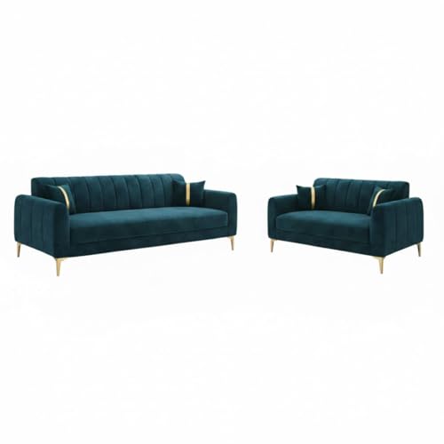 Image of Hermione Luxe Velvet-Suede Fabric 3 Seater + 2 Seater Sofa Set | Golden Legs | Comfortable & Spacious Seating | Modern Sofa Set for Living Room - Green Teal