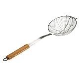 Colador de acero inoxidable con mango de madera de malla para fideos, patatas fritas, pasta, resistente, fácil de limpiar, ganchos de cocina, diseño antiquemaduras, agarre cómodo
