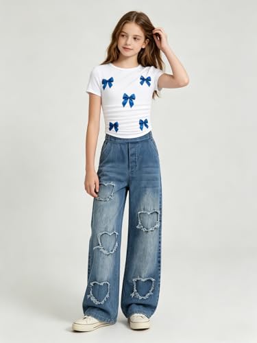 Image of Size 7-14 Years Girls 2 Piece Outfits Bow Short-Sleeved Top and Jeans Pants Clothing Set