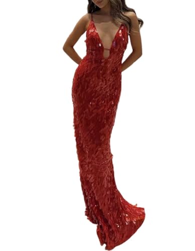 Women's Spaghetti Strap Deep V Cutout Sequined Maxi Dress, Bodycon Mermaid Flowy Formal Prom Red Carpet Gala Long Gown (Red,Medium)