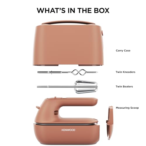 Kenwood QuickMix Go HMP40.000RD, Portable Hand Mixer with Integrated Carrying Case, SureEject Release, Stainles Steel Beater and Kneaders Included, Measuring Spoon, 350W, Clay Red